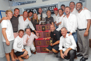 Team Mount Gay Monster Project win the skipper’s weight in rum for setting a new outright round Barbados record – photo Nigel Wallace Photography.