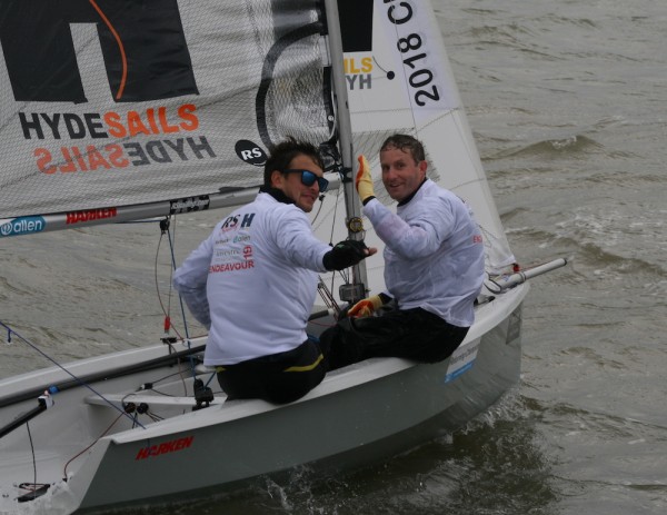 Smiles of success as Ben Saxton and Toby Lewis cross the finish line in the final race – photo Sue Pelling