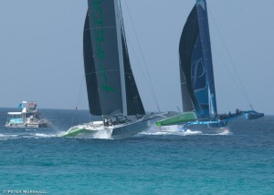 Closer than close on the finish line between the two MOD70s – MS Barbados Concise 10 and Phaedo3 – in last year’s Mount Gay Round Barbados Race.