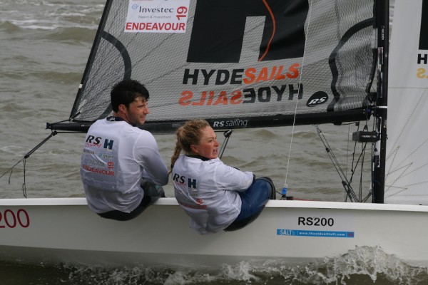 James Peters and Maddy Anderson (RS200) winning the first race of the day – photo Sue Pelling